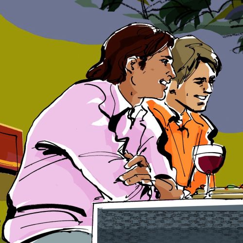 watercolor illustration of 2 men in outdoor scenery tasting wine