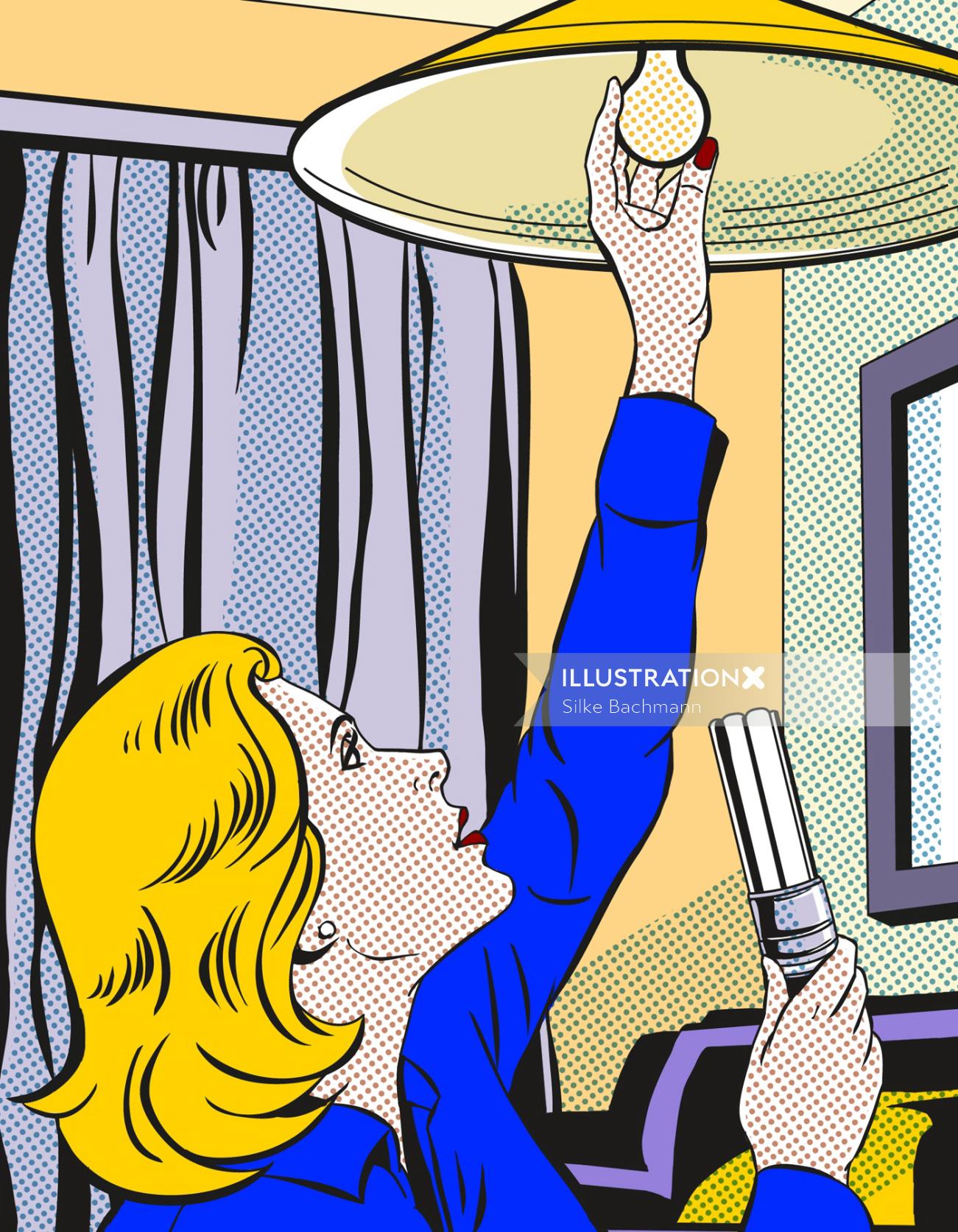 Ilustração retrô de mulher trocando lâmpada