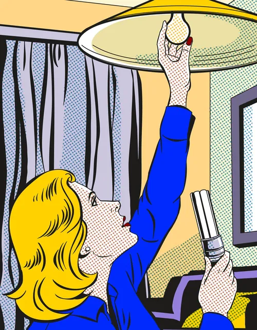 Retro-Illustration einer Frau beim Glühbirnenwechsel