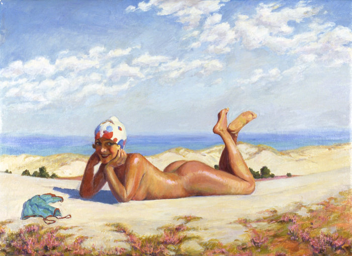 Nude woman sleeping at beach - An illustration by Silke Bachmann