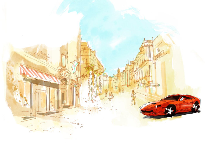 water color painting of car in street

