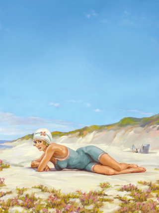 泳衣女人睡在海滩-Silke Bachmann的插图