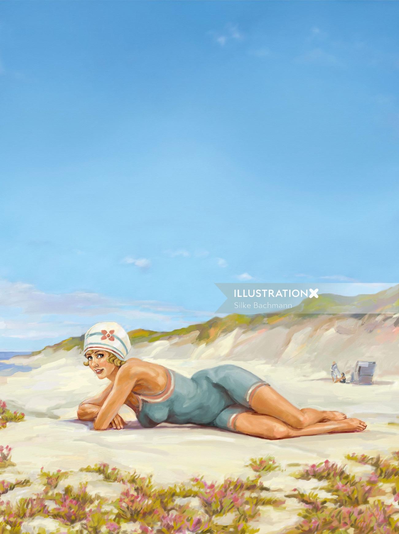 Swim suit woman sleeping at beach - An illustration by Silke Bachmann