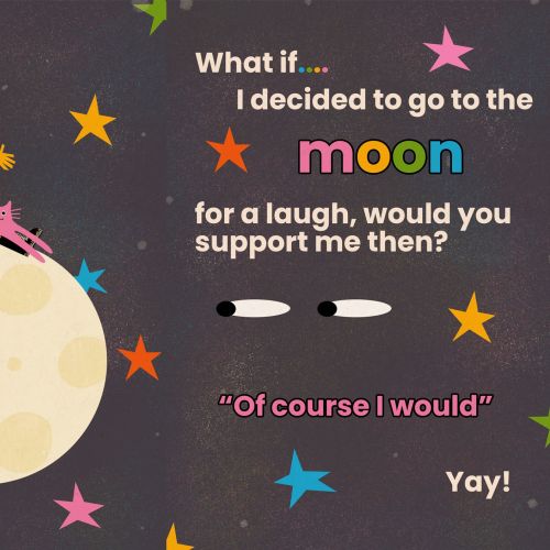 Illustration of a girl on the moon with colorful stars and supportive text