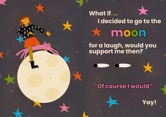 Illustration of a girl on the moon with colorful stars and supportive text