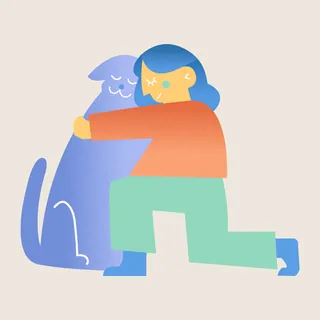Person hugging a large smiling dog in a colorful illustration