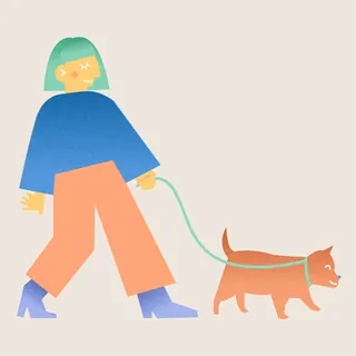 Stylized illustration of a person walking a brown dog on a leash