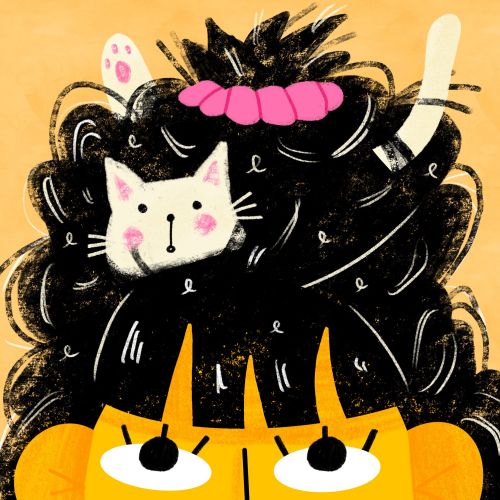 Girl with messy black hair and pink headband holding a white cat