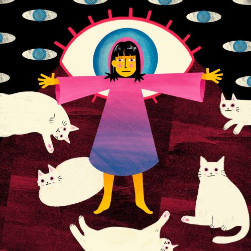 Girl in purple robe with cats surrounded by large eyes illustration