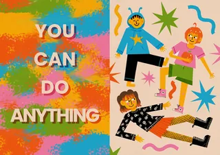 Colorful motivational text and playful illustrations of three smiling characters