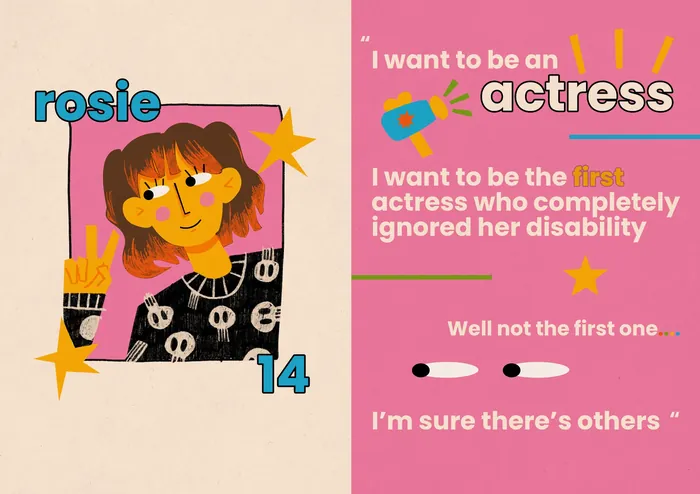 Illustration of Rosie and text about her autism and acting dreams