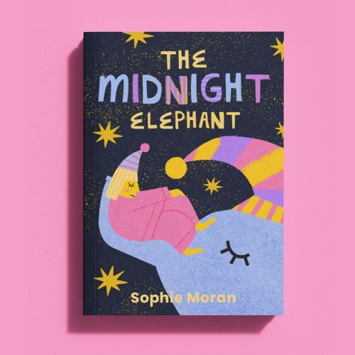 Book cover of The Midnight Elephant with playful pastel elephant illustration