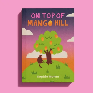 Whimsical book cover with monkey and tree on a hill at sunset