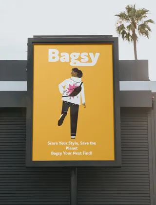 Billboard with Bagsy logo and colorful illustrated character on yellow background