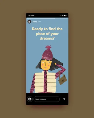 Illustrated character in winter hat holding bag and books on app screen