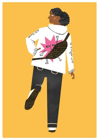 Illustration of a person with curly hair wearing a colorful outfit and carrying a bag