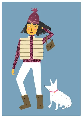 Illustration of a person in winter clothes with a dog on blue background