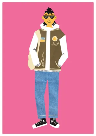 Funky illustrated character in casual clothes on pink background