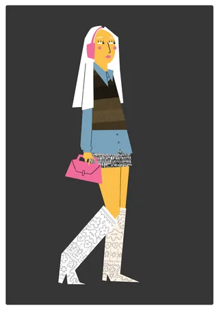 Stylized illustration of a woman with white hair holding a pink handbag