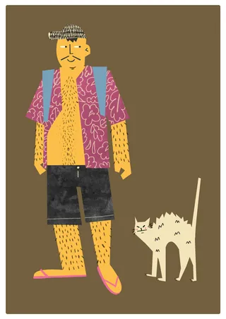Illustration of a man with a cat on a brown background