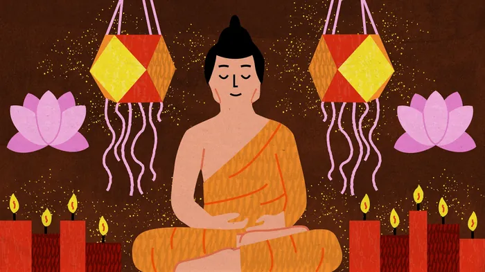 Meditating Buddhist monk with lanterns, candles, and lotus flowers