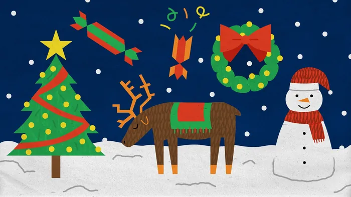 Christmas-themed illustration with tree, wreath, reindeer, snowman, and candy