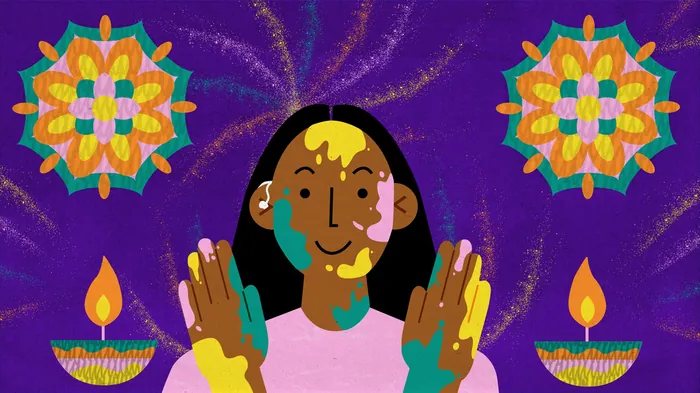 Colorful illustration of a person celebrating Hindu festival with lamps