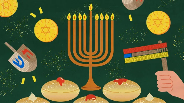 Illustration of Jewish menorah, dreidels, gelt, and sufganiyot for Hanukkah