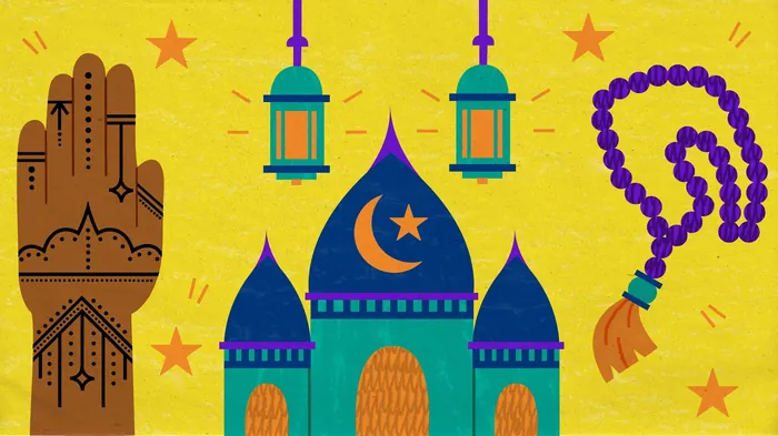 Illustration of mosque, prayer beads, hand symbol, and lanterns on yellow