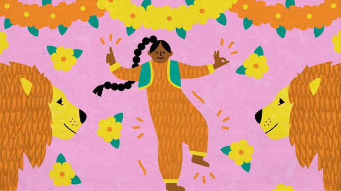 Illustration of Sikh Scout dancing with lions and flowers