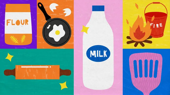 Illustration of cooking items: flour, fried egg, milk, fire, rolling pin, spatula