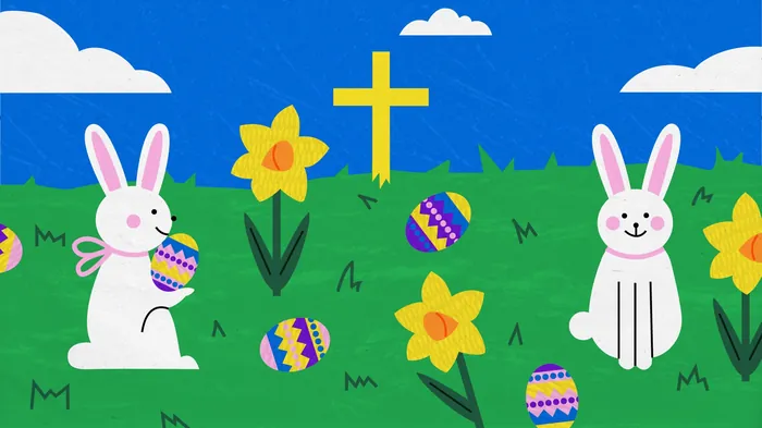 Easter bunnies with decorated eggs and daffodils near a cross