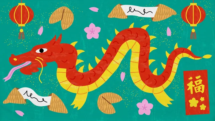 Colorful dragon with lanterns and flowers celebrating Lunar New Year