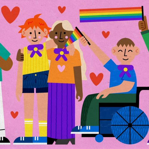 Diverse Scouts with Pride flag, celebrating inclusion and love