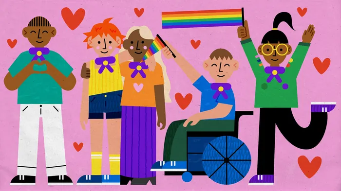 Diverse Scouts with Pride flag, celebrating inclusion and love