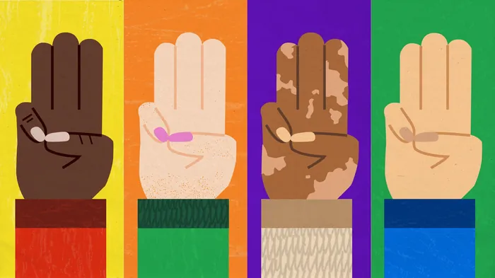 Four hands showing the Scout salute in different skin tones and colored backgrounds