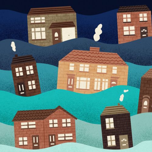 Illustration of houses riding ocean waves representing housing market