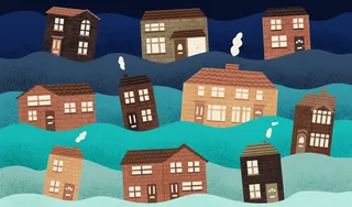Illustration of houses riding ocean waves representing housing market