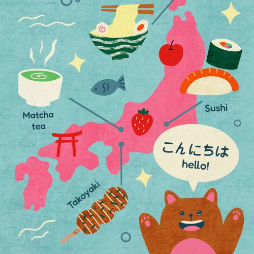 Map of Japan with iconic food dishes and cultural motifs by Sophie Loren Moran