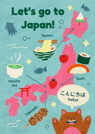 Map of Japan with iconic food dishes and cultural motifs by Sophie Loren Moran