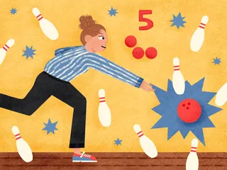 Woman bowling and striking pins, vibrant illustration by Sophie Loren Moran