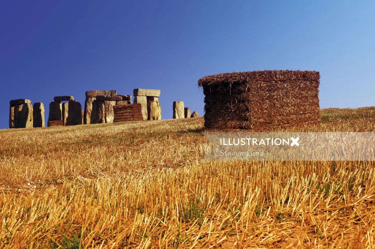 Stonehenge avec illustration de piles de foin