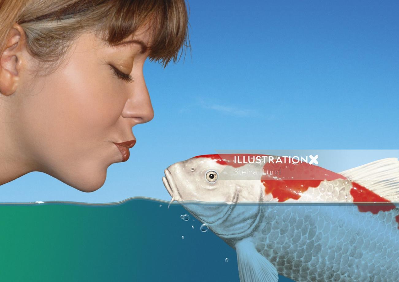 woman kissing koi fish