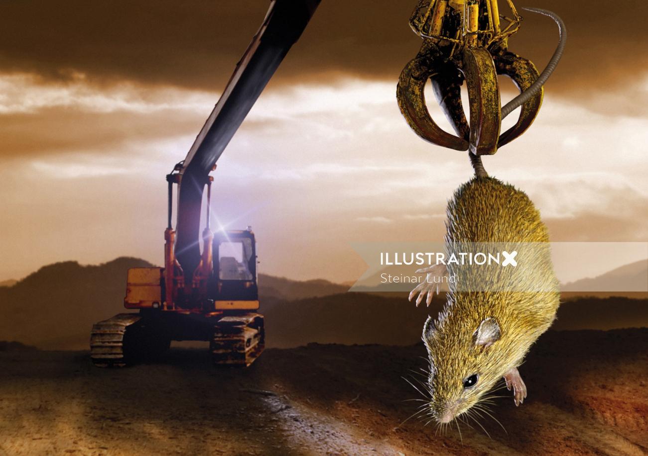 Mouse caught by mechanical arm illustration by Steinar Lund