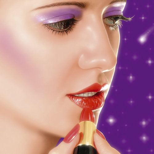 Realistic imagery of woman putting on lipstick