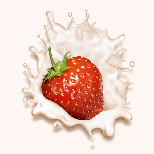 Strawberry falling into yogurt causing a splash
