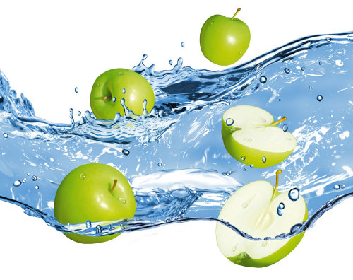 Green Apples in water splash