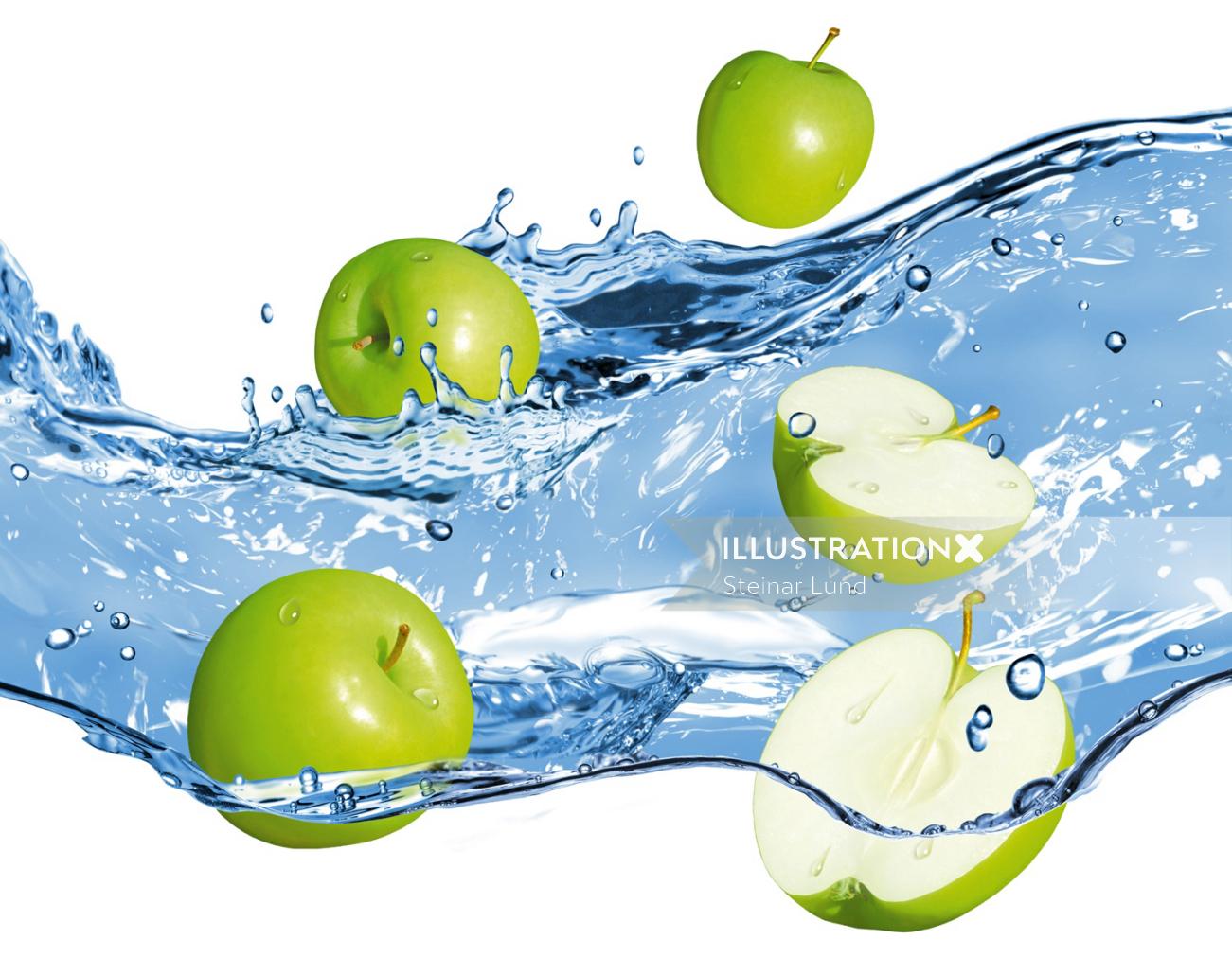 Green Apples in water splash
