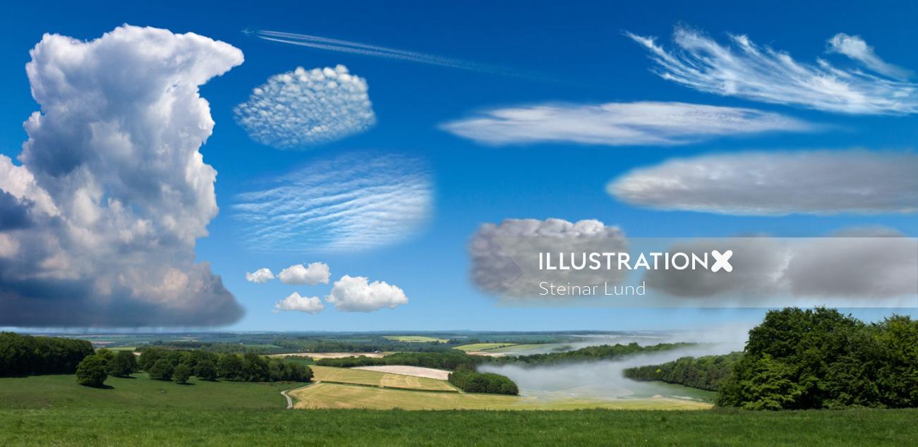 Paysage avec différents types de nuages
