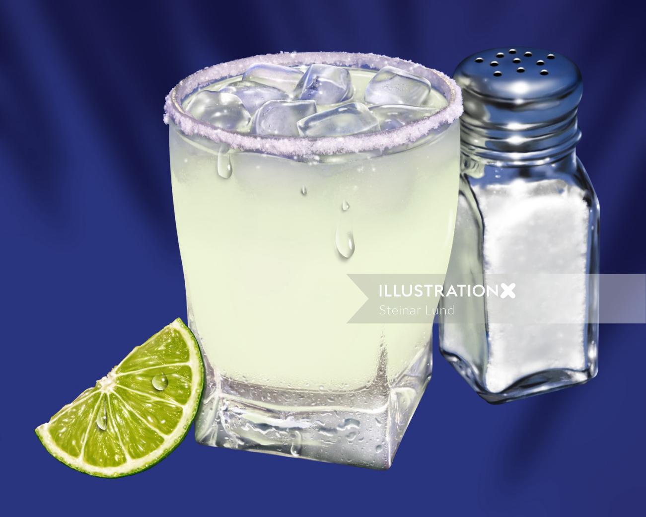 Glass of Margarita with slice of Lime and Salt shaker